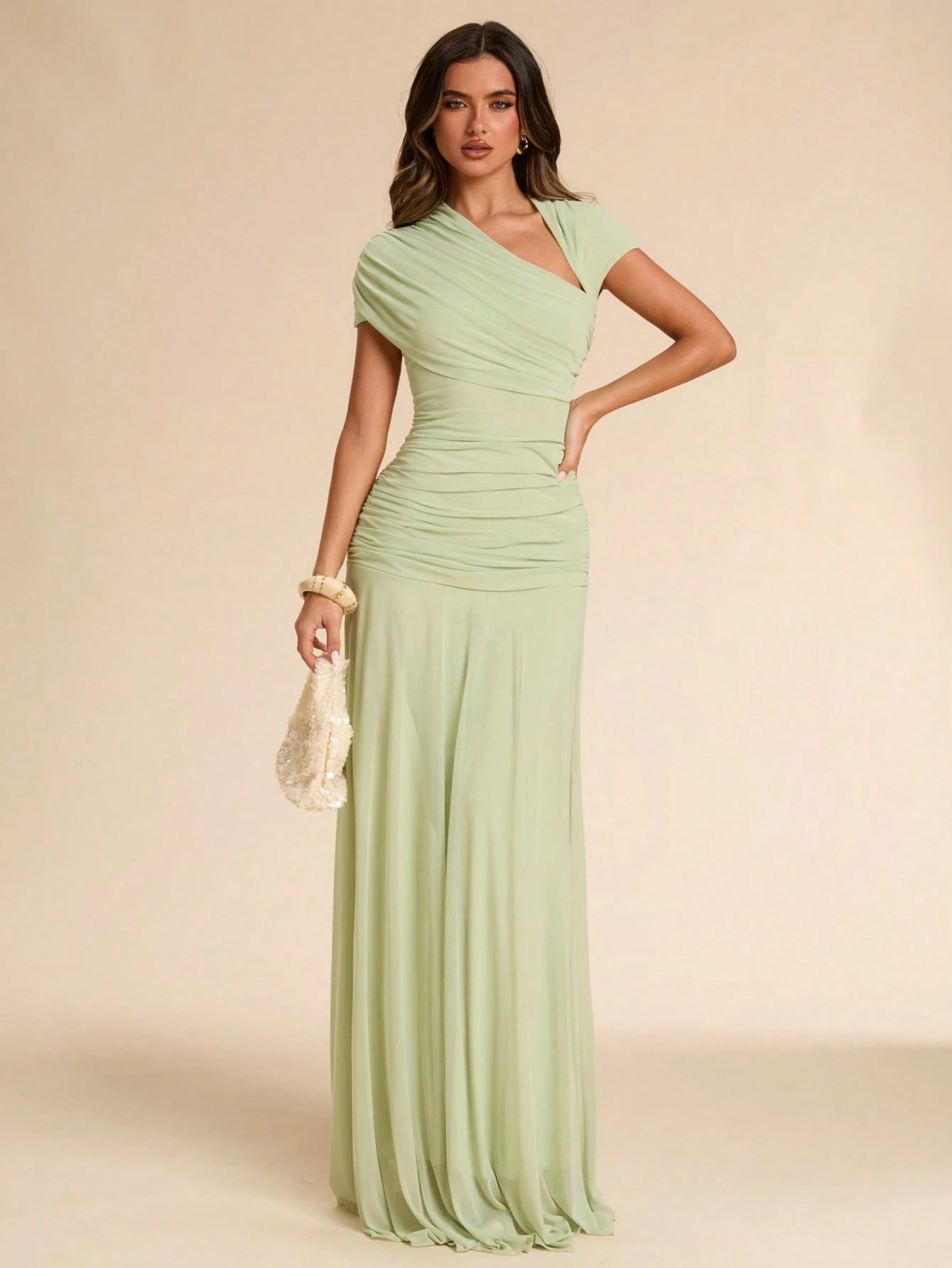 BAE Summer Green Asymmetrical Pleated Fitted Dress, Wedding Guest Formal Attire