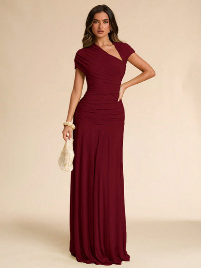 BAE Summer Green Asymmetrical Pleated Fitted Dress, Wedding Guest Formal Attire