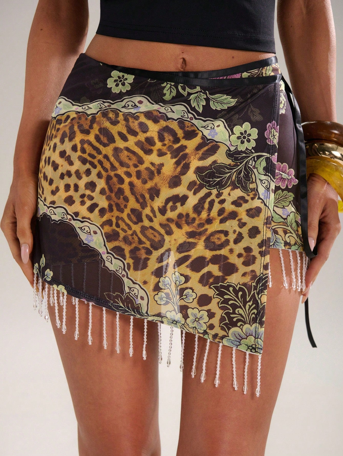 BAE Women's Black,Summer,Boho,Vacation,Holiday Floral&Wild Animal Print Elastic Mesh Hollow Out Bodycon Crystal Tassel Tie Waist Elegant Mini Skirt