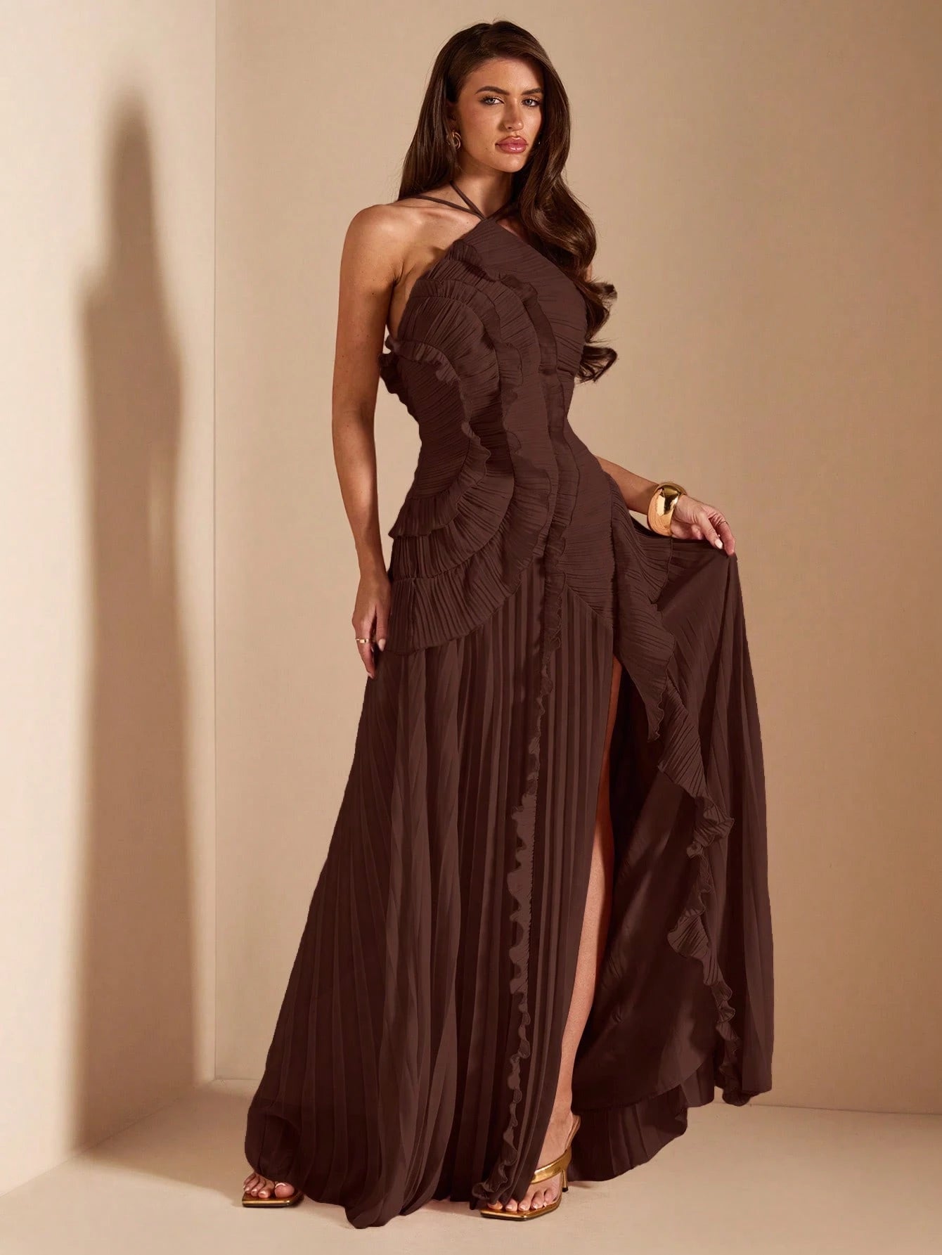 BAE Women's Pink Halter Neck Pleated High Slit Dress, Suitable For Wedding Guest, Valentine's Day, Spring/Summer