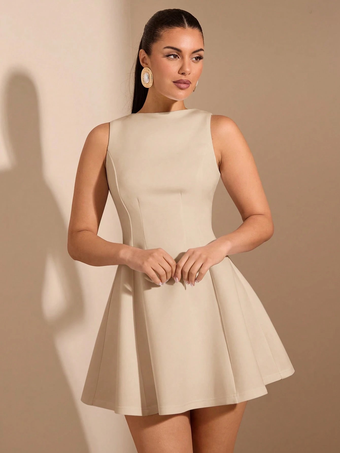 BAE Women's Solid Color Fit And Flare Midi Dress, Elegant Sleeveless For Date, Spring/Summer,Business Casual Woman