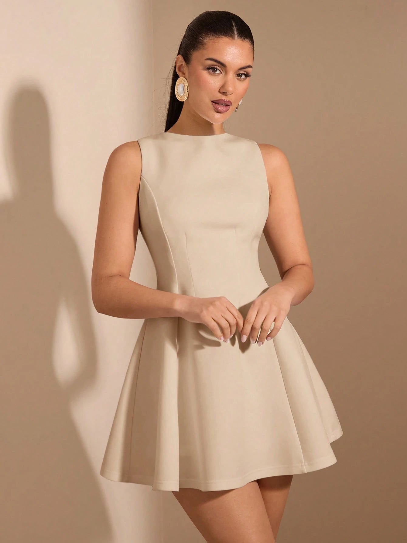 BAE Women's Solid Color Fit And Flare Midi Dress, Elegant Sleeveless For Date, Spring/Summer,Business Casual Woman
