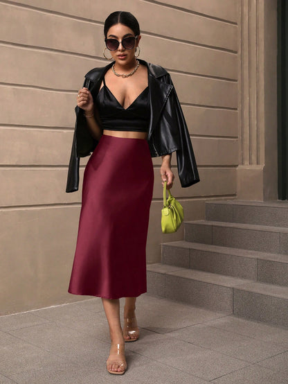 BAE Women Solid Color Mid-Length Skirt, Minimalist & Stylish, Summer Wear,Wedding Guest Skirt Women