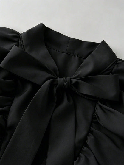 Balvessa Women's Fashionable Elegant Bowknot Tie Layered Ruffle Trim Short Sleeve Blouse, Summer