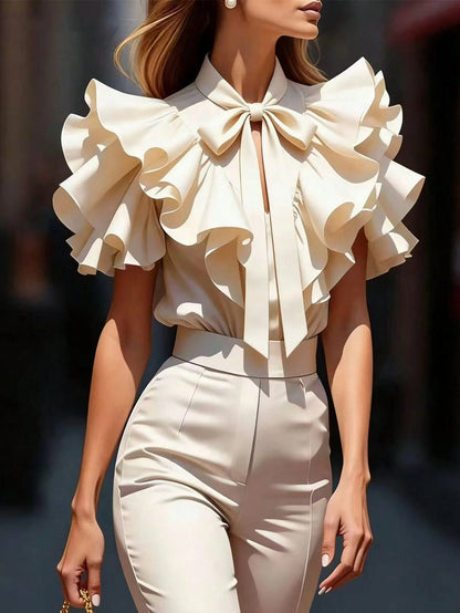 Balvessa Women's Fashionable Elegant Bowknot Tie Layered Ruffle Trim Short Sleeve Blouse, Summer