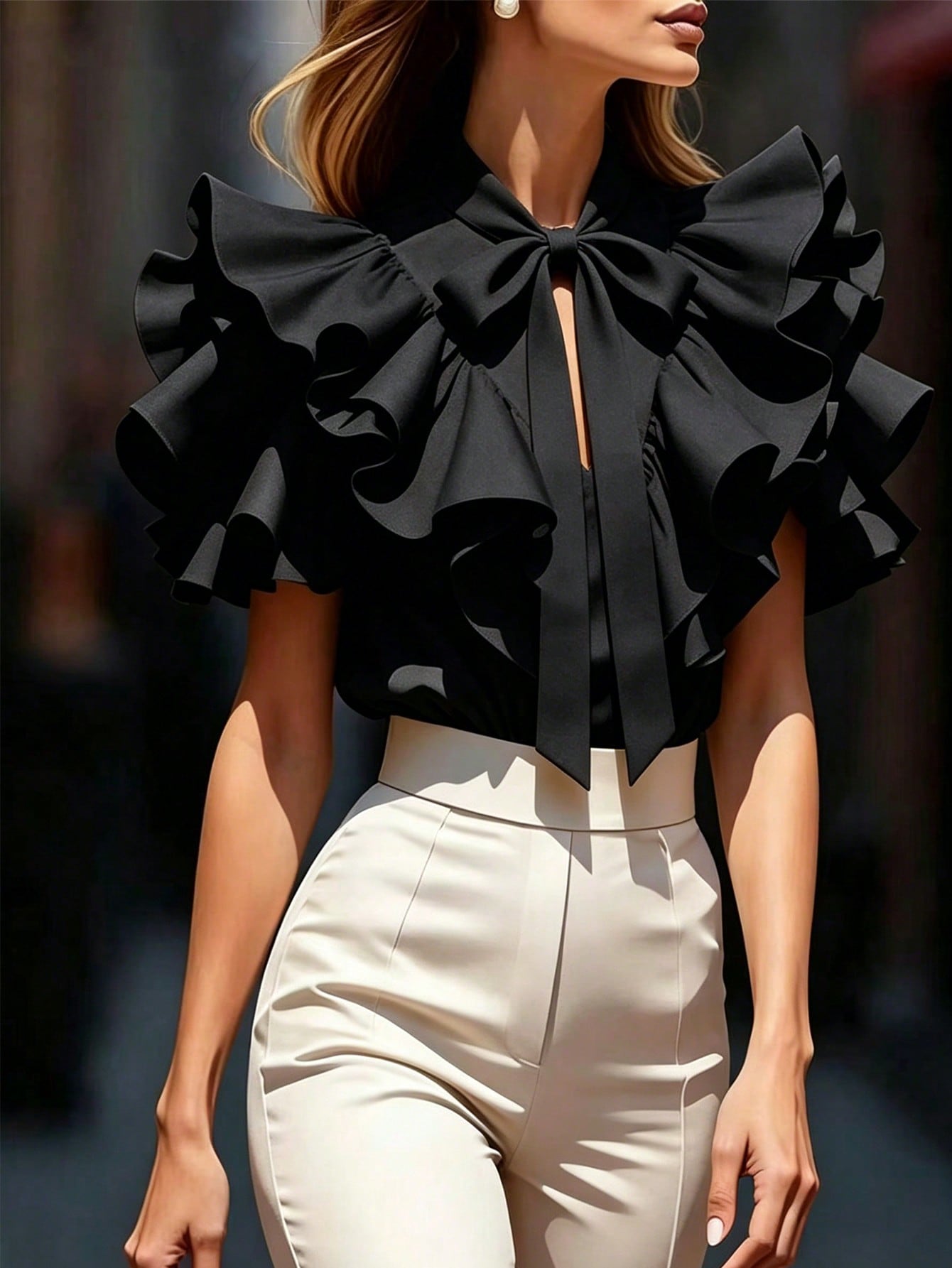 Balvessa Women's Fashionable Elegant Bowknot Tie Layered Ruffle Trim Short Sleeve Blouse, Summer