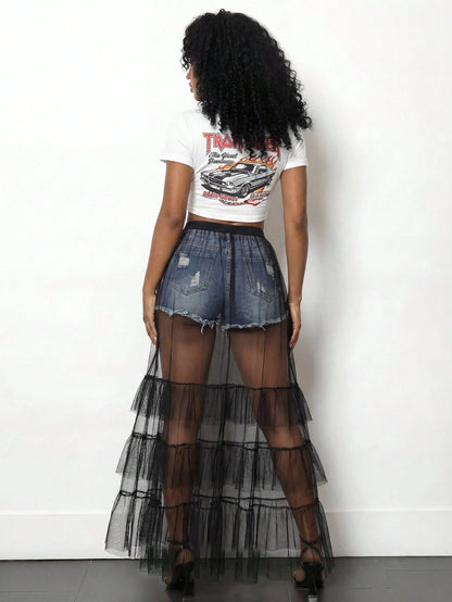 BamGleam Sheer Mesh Layered Skirt, Multi-Layer Black Tulle Patchwork See-Through Overlay Skirt, Sexy Club Party Street Style High Waist Long Skirt