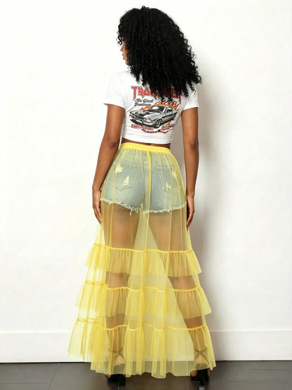 BamGleam Sheer Mesh Layered Skirt, Multi-Layer Black Tulle Patchwork See-Through Overlay Skirt, Sexy Club Party Street Style High Waist Long Skirt