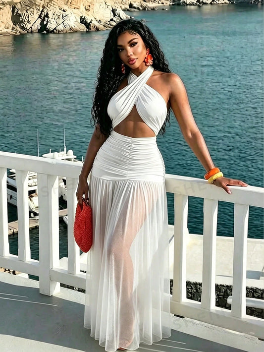 BamGleam Women's Extra Long Dragging Neck Mesh Ruched Backless Dress Beach Vacation White Summer Tropical