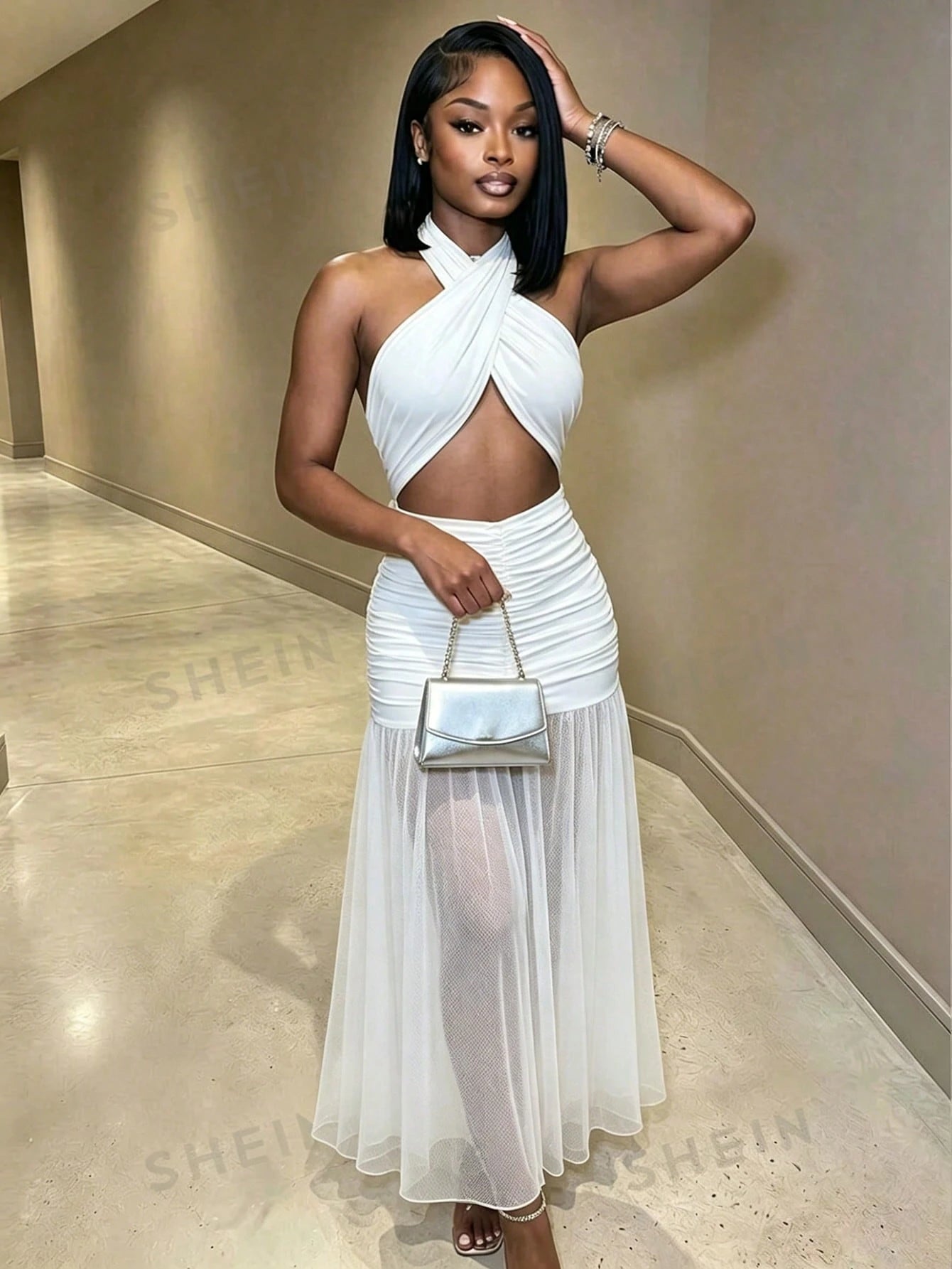 BamGleam Women's Extra Long Dragging Neck Mesh Ruched Backless Dress Beach Vacation White Summer Tropical