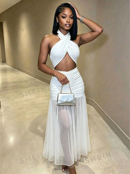 BamGleam Women's Extra Long Dragging Neck Mesh Ruched Backless Dress Beach Vacation White Summer Tropical