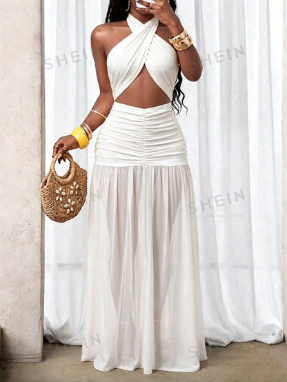 BamGleam Women's Extra Long Dragging Neck Mesh Ruched Backless Dress Beach Vacation White Summer Tropical