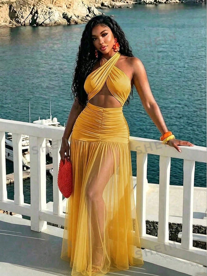 BamGleam Women's Extra Long Dragging Neck Mesh Ruched Backless Dress Beach Vacation White Summer Tropical