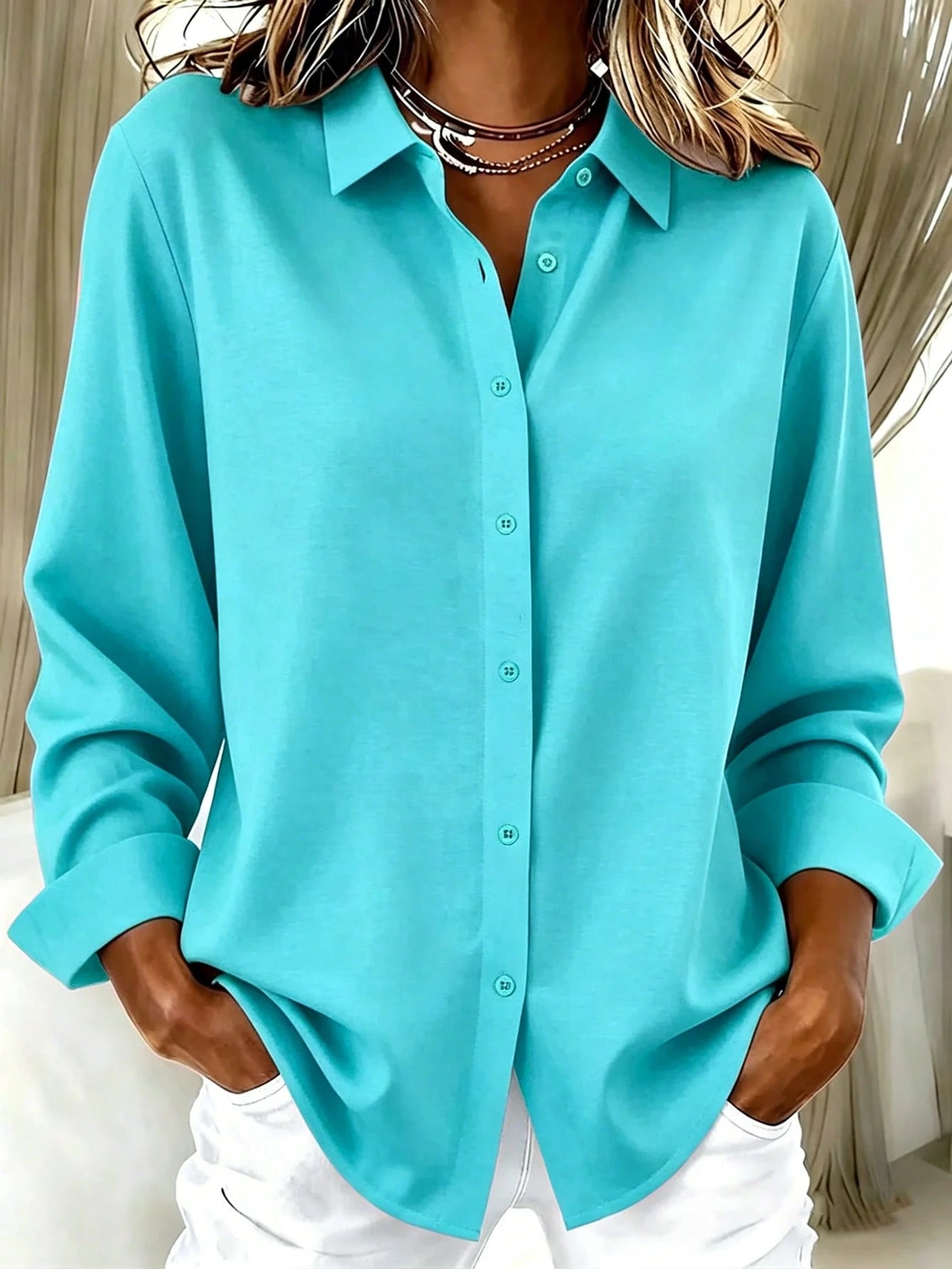 Basic Casual Women's Plus Size Long Sleeve Lightweight Button-Down Shirt, Versatile Everyday