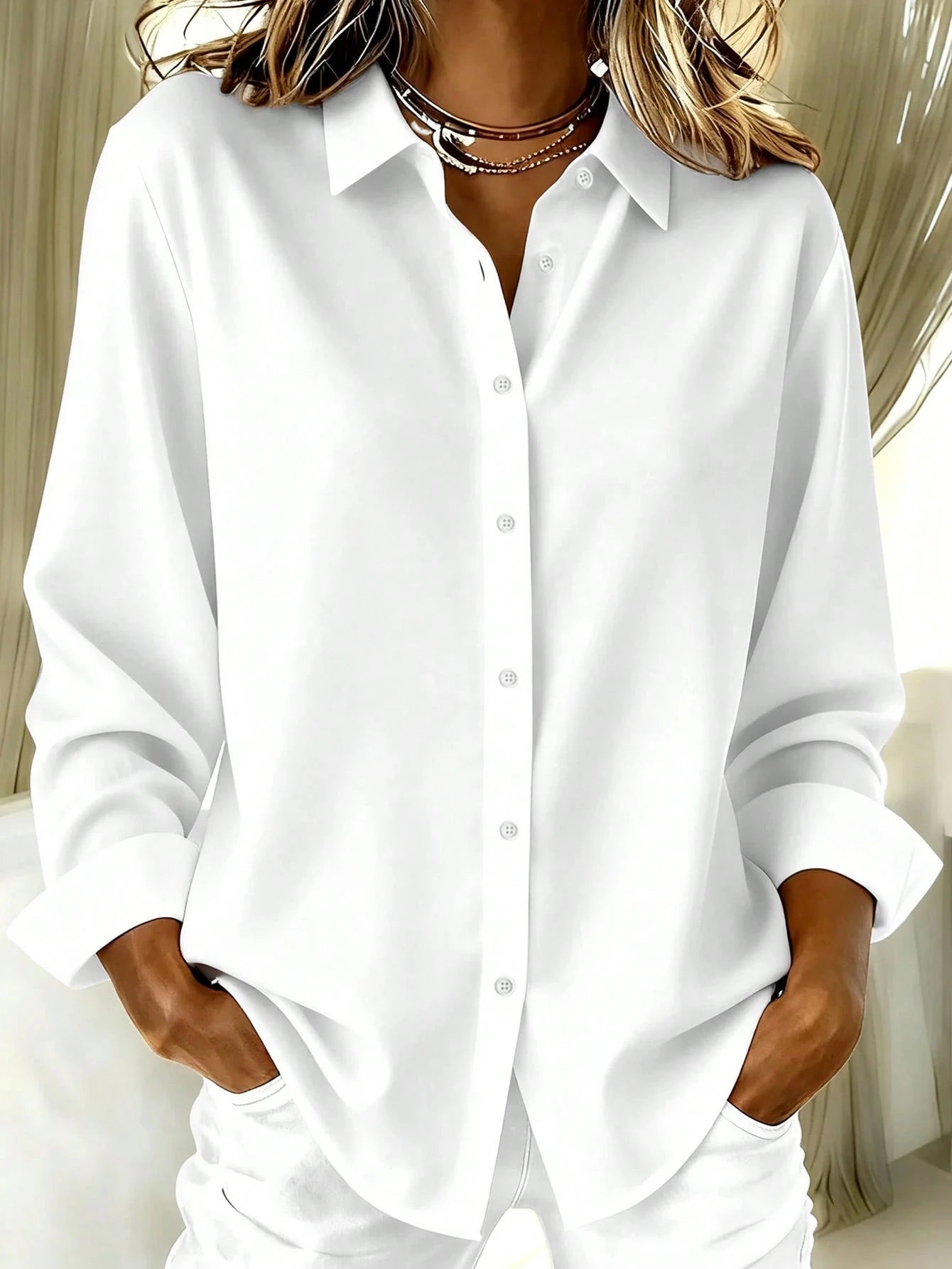Basic Casual Women's Plus Size Long Sleeve Lightweight Button-Down Shirt, Versatile Everyday
