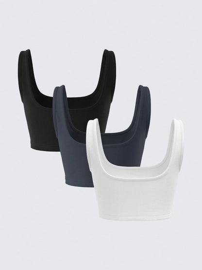 BASICS 3pcs/Pack Casual Modest Sporty Streetwear Solid Color Knit Fitted Cropped Tank Top For Women Summer For Women Gym Work Black Dark Blue White
