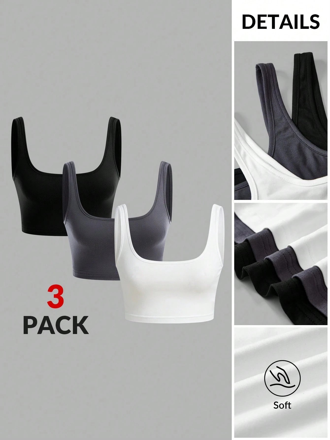 BASICS 3pcs/Pack Casual Modest Sporty Streetwear Solid Color Knit Fitted Cropped Tank Top For Women Summer For Women Gym Work Black Dark Blue White