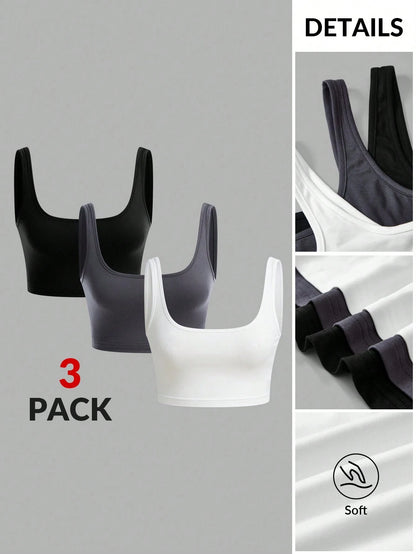 BASICS 3pcs/Pack Casual Modest Sporty Streetwear Solid Color Knit Fitted Cropped Tank Top For Women Summer For Women Gym Work Black Dark Blue White
