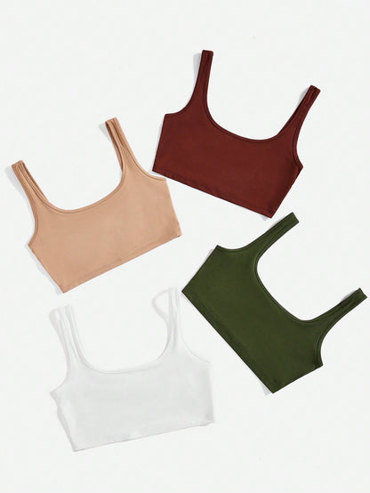 BASICS 3pcs/Pack Casual Modest Sporty Streetwear Solid Color Knit Fitted Cropped Tank Top For Women Summer For Women Gym Work Black Dark Blue White