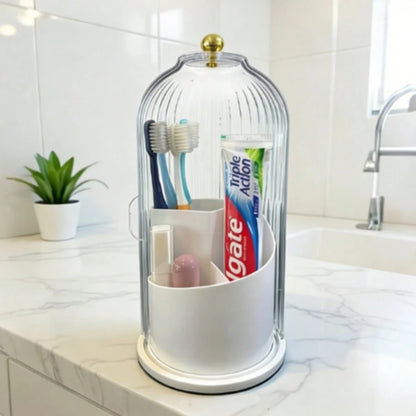 Bathroom Organizer With Sliding Lid Christmas Gift Idea,Rotating Toothbrush Holder With Sliding Lid 3 Slots,Bathroom Counter Organizer For Makeup Brushes And Toothbrush,No-Drill Bathroom Storage,Water