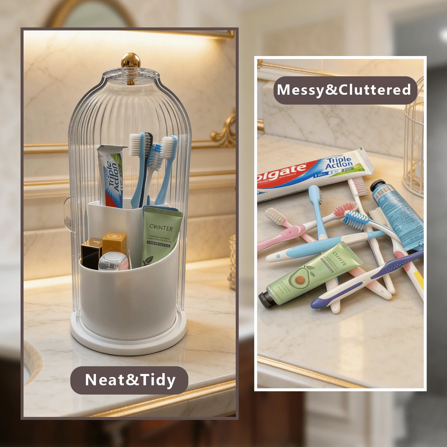 Bathroom Organizer With Sliding Lid Christmas Gift Idea,Rotating Toothbrush Holder With Sliding Lid 3 Slots,Bathroom Counter Organizer For Makeup Brushes And Toothbrush,No-Drill Bathroom Storage,Water