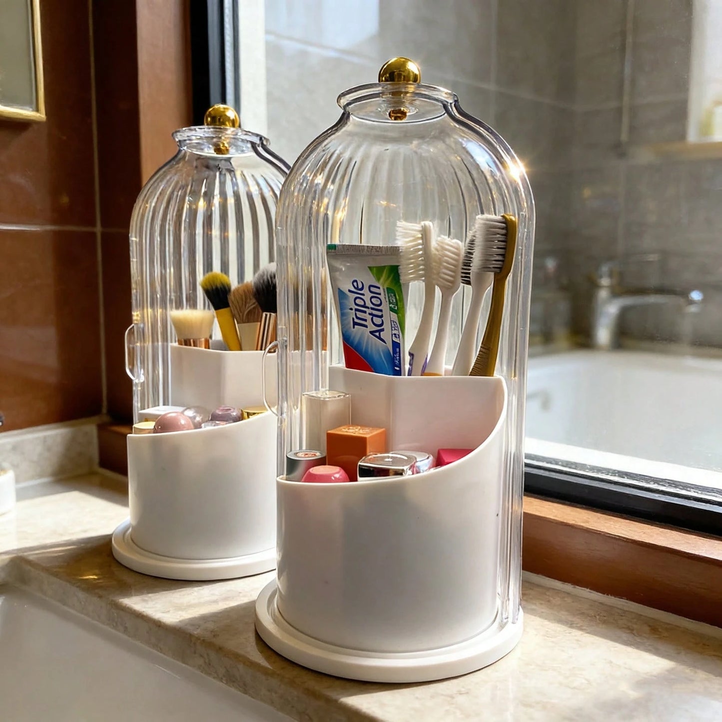 Bathroom Organizer With Sliding Lid Christmas Gift Idea,Rotating Toothbrush Holder With Sliding Lid 3 Slots,Bathroom Counter Organizer For Makeup Brushes And Toothbrush,No-Drill Bathroom Storage,Water