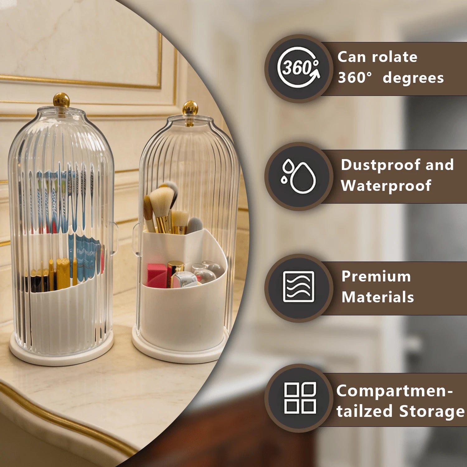 Bathroom Organizer With Sliding Lid Christmas Gift Idea,Rotating Toothbrush Holder With Sliding Lid 3 Slots,Bathroom Counter Organizer For Makeup Brushes And Toothbrush,No-Drill Bathroom Storage,Water