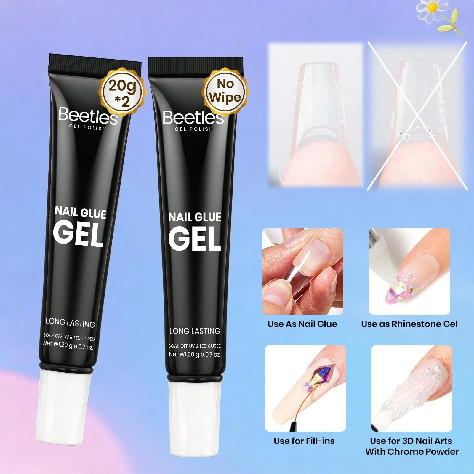 Beetles 2Pcs 20g Solid Nail Glue Gel, Tipex Soft Nail Tips Super Strong Glue For Acrylic Nails, Fake Nails & Press On Nails, Spring Nail Art, UV Light Required