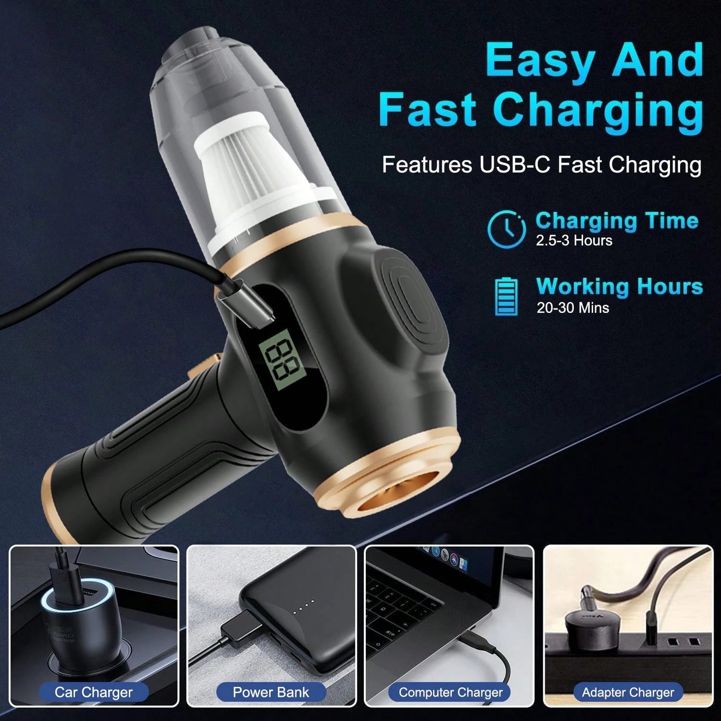 belibuy 2026 New Wireless Car Vacuum Cleaner, Strong Suction, 3-In-1 Handheld Vacuum, Type-C Fast Charging, Washable Filter, Non-Slip Handle, Dual-Use For Car Crevices, Keyboard, And Desktop Cleaning