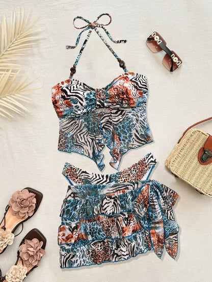 Bellisia Animal Print Halter Tankini Swimwear Women, Ruffle Cake Skirt High Waist Slimming Beach Vacation Thermal Spring Swimwear