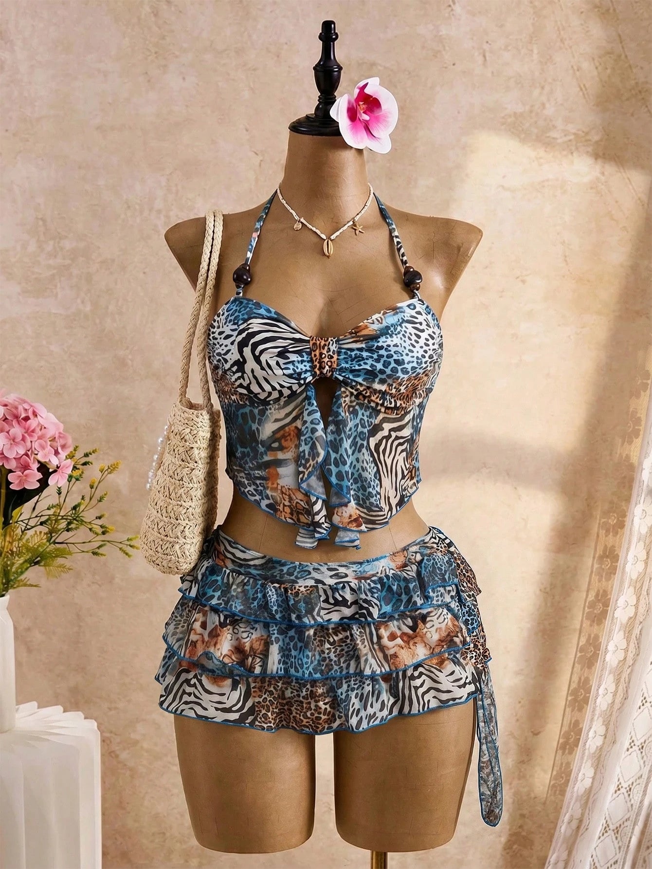Bellisia Animal Print Halter Tankini Swimwear Women, Ruffle Cake Skirt High Waist Slimming Beach Vacation Thermal Spring Swimwear
