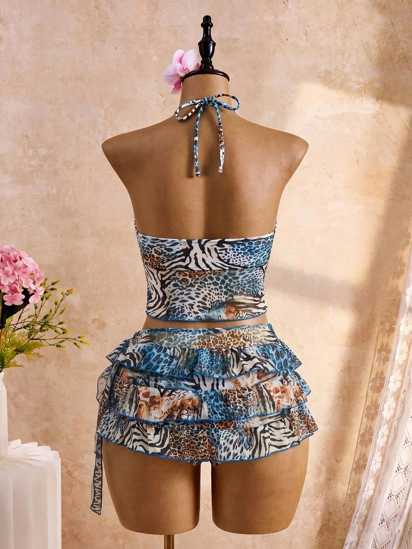 Bellisia Animal Print Halter Tankini Swimwear Women, Ruffle Cake Skirt High Waist Slimming Beach Vacation Thermal Spring Swimwear