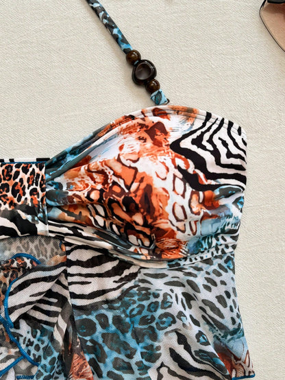 Bellisia Animal Print Halter Tankini Swimwear Women, Ruffle Cake Skirt High Waist Slimming Beach Vacation Thermal Spring Swimwear
