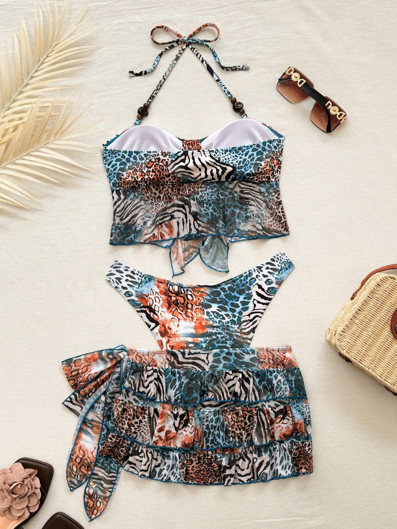Bellisia Animal Print Halter Tankini Swimwear Women, Ruffle Cake Skirt High Waist Slimming Beach Vacation Thermal Spring Swimwear