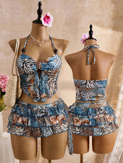 Bellisia Animal Print Halter Tankini Swimwear Women, Ruffle Cake Skirt High Waist Slimming Beach Vacation Thermal Spring Swimwear