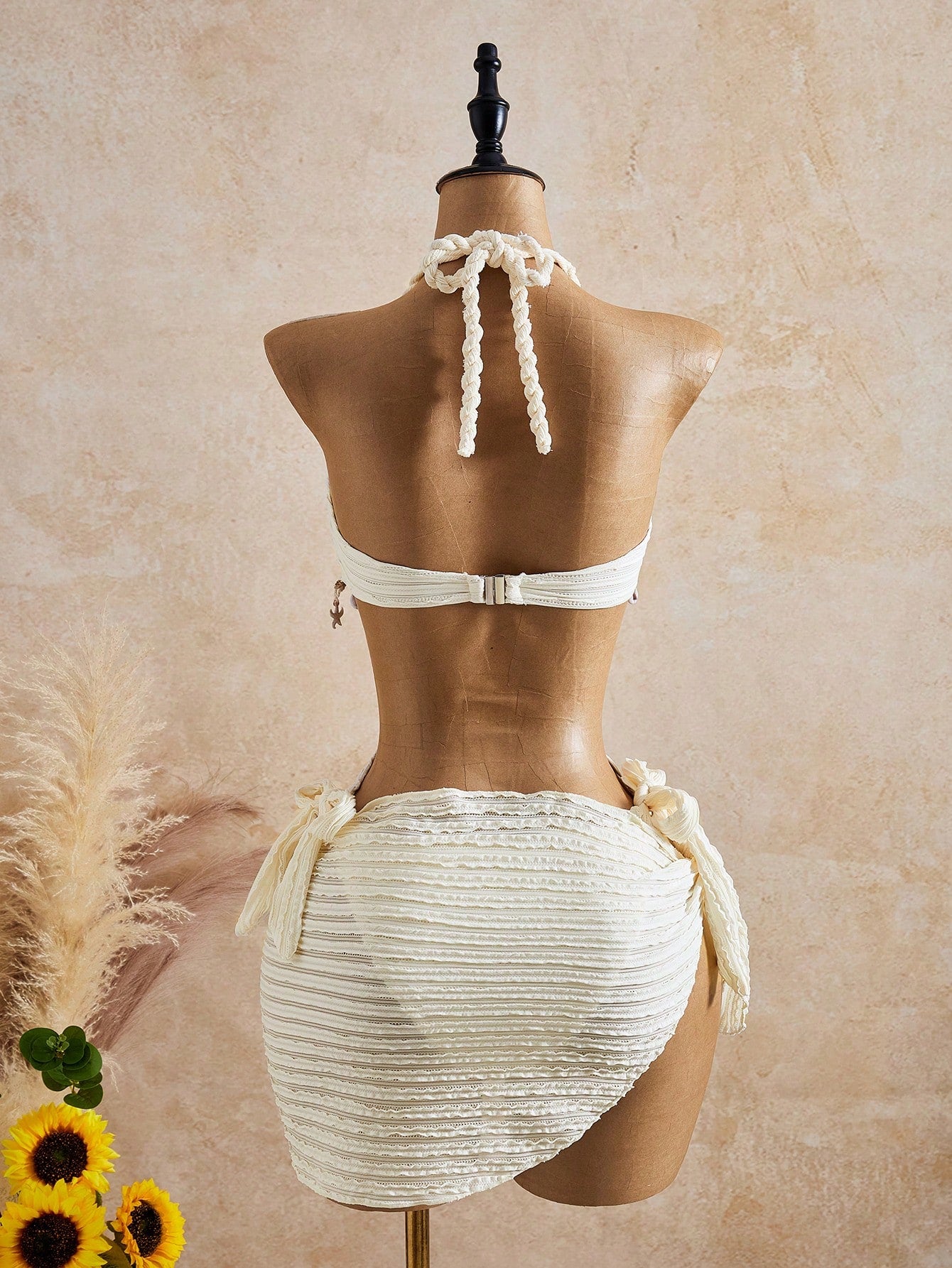 Bellisia Off-White Summer Casual Holiday Pool Party Vacation Women's Square Neck Starfish Shell Halter One-Piece Swimsuit & Bikini Bottom 2pcs Set