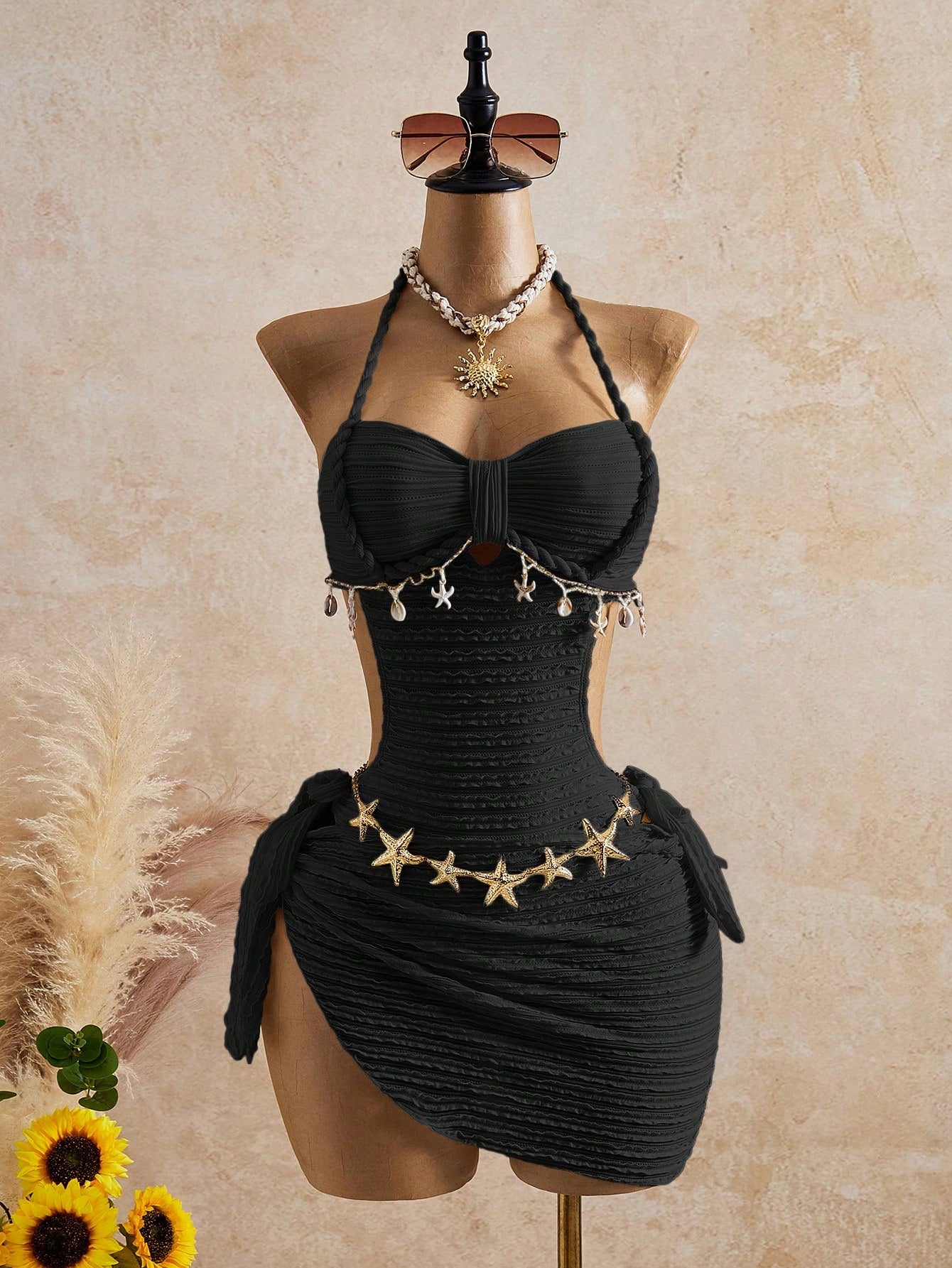Bellisia Off-White Summer Casual Holiday Pool Party Vacation Women's Square Neck Starfish Shell Halter One-Piece Swimsuit & Bikini Bottom 2pcs Set