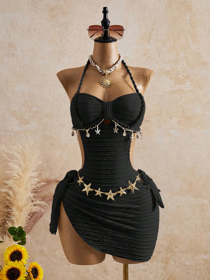 Bellisia Off-White Summer Casual Holiday Pool Party Vacation Women's Square Neck Starfish Shell Halter One-Piece Swimsuit & Bikini Bottom 2pcs Set