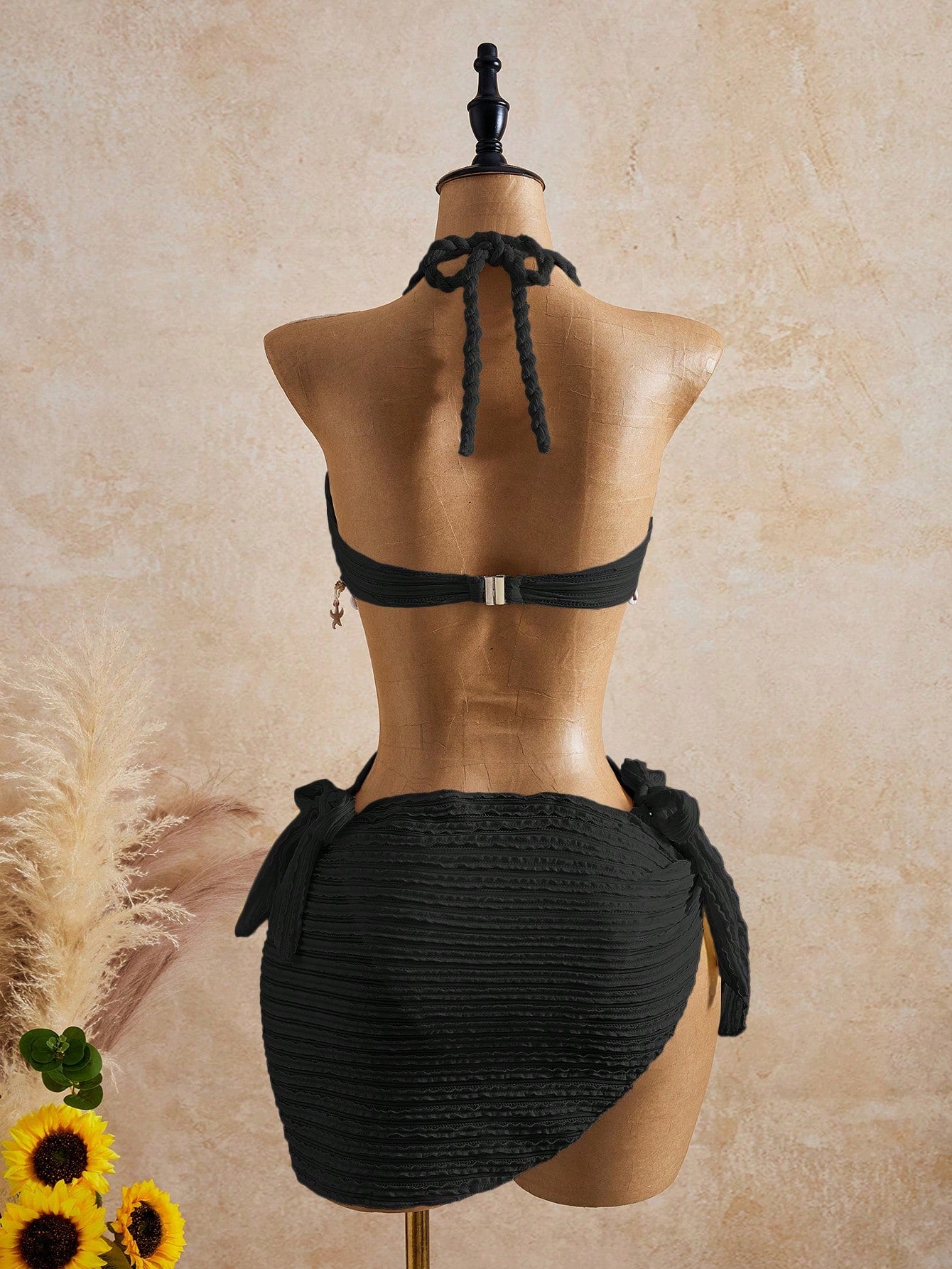 Bellisia Off-White Summer Casual Holiday Pool Party Vacation Women's Square Neck Starfish Shell Halter One-Piece Swimsuit & Bikini Bottom 2pcs Set