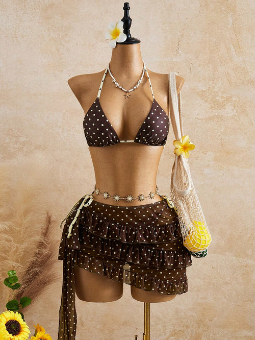 Bellisia Women's Brown Polka Dot,Summer,Cute,Beach Vacation,Holiday,Holiday Bikini & Cake Skirt 3 Pieces Set, Bow-Tie Swimwear With Removable Cup Pads