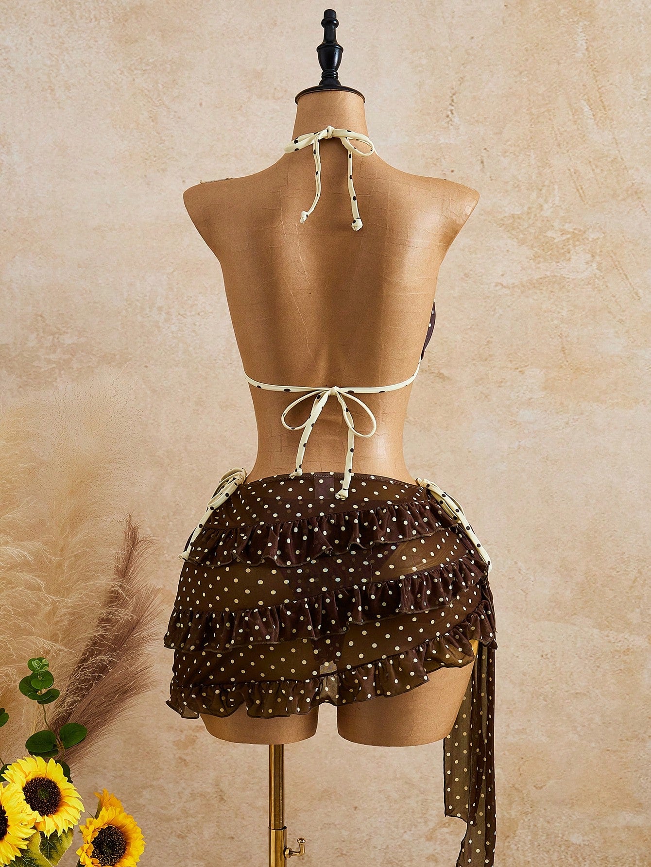 Bellisia Women's Brown Polka Dot,Summer,Cute,Beach Vacation,Holiday,Holiday Bikini & Cake Skirt 3 Pieces Set, Bow-Tie Swimwear With Removable Cup Pads