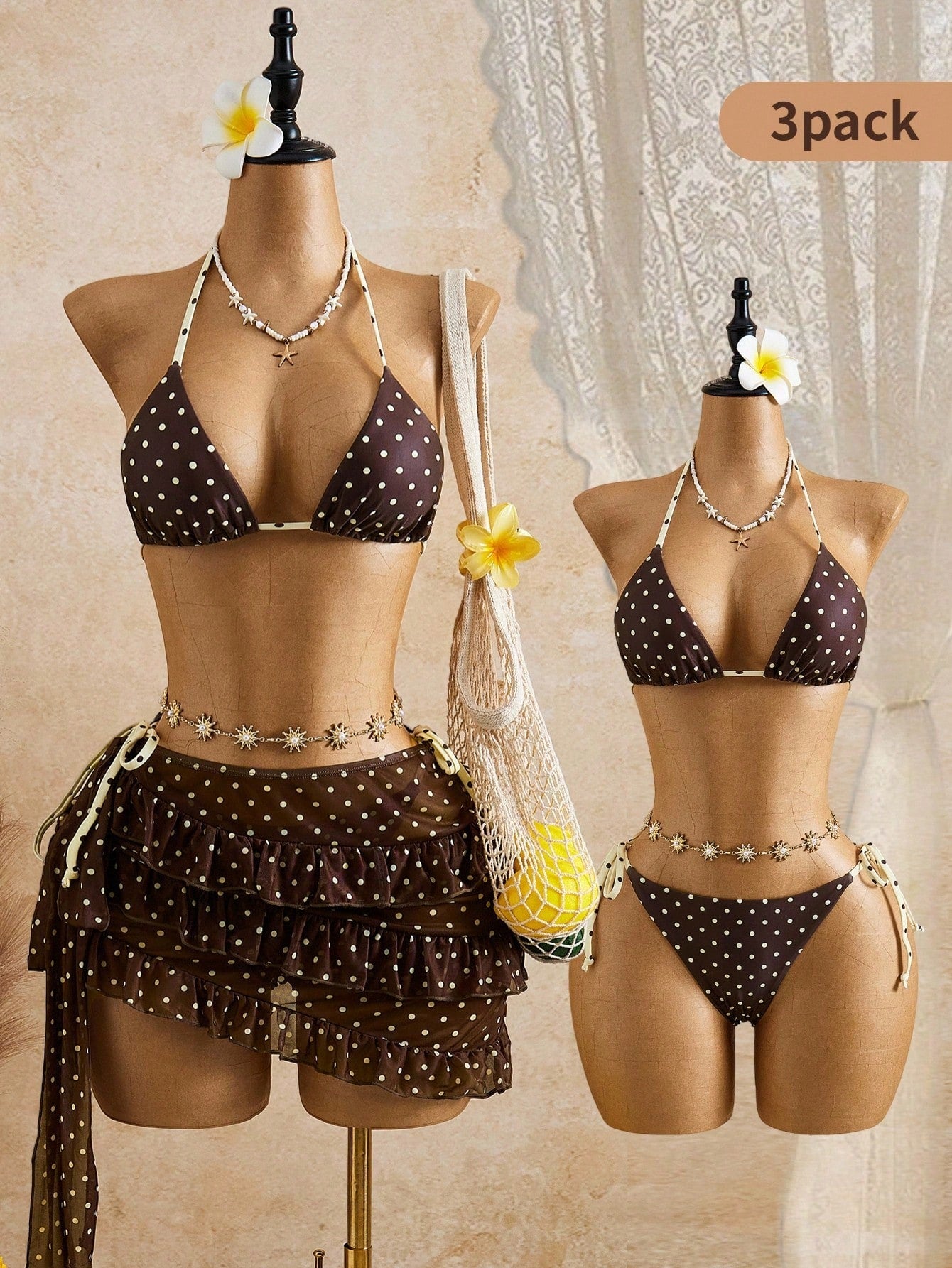 Bellisia Women's Brown Polka Dot,Summer,Cute,Beach Vacation,Holiday,Holiday Bikini & Cake Skirt 3 Pieces Set, Bow-Tie Swimwear With Removable Cup Pads