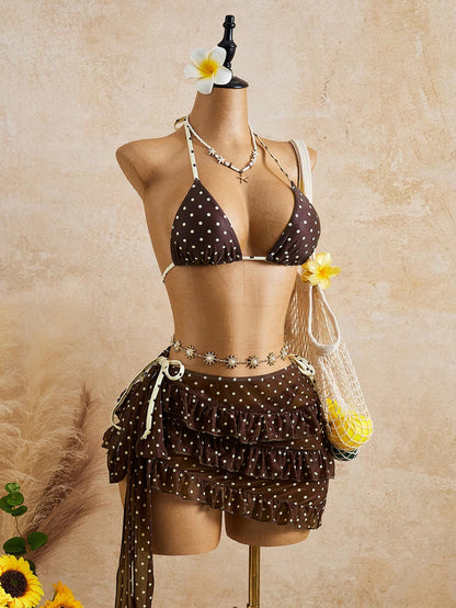 Bellisia Women's Brown Polka Dot,Summer,Cute,Beach Vacation,Holiday,Holiday Bikini & Cake Skirt 3 Pieces Set, Bow-Tie Swimwear With Removable Cup Pads