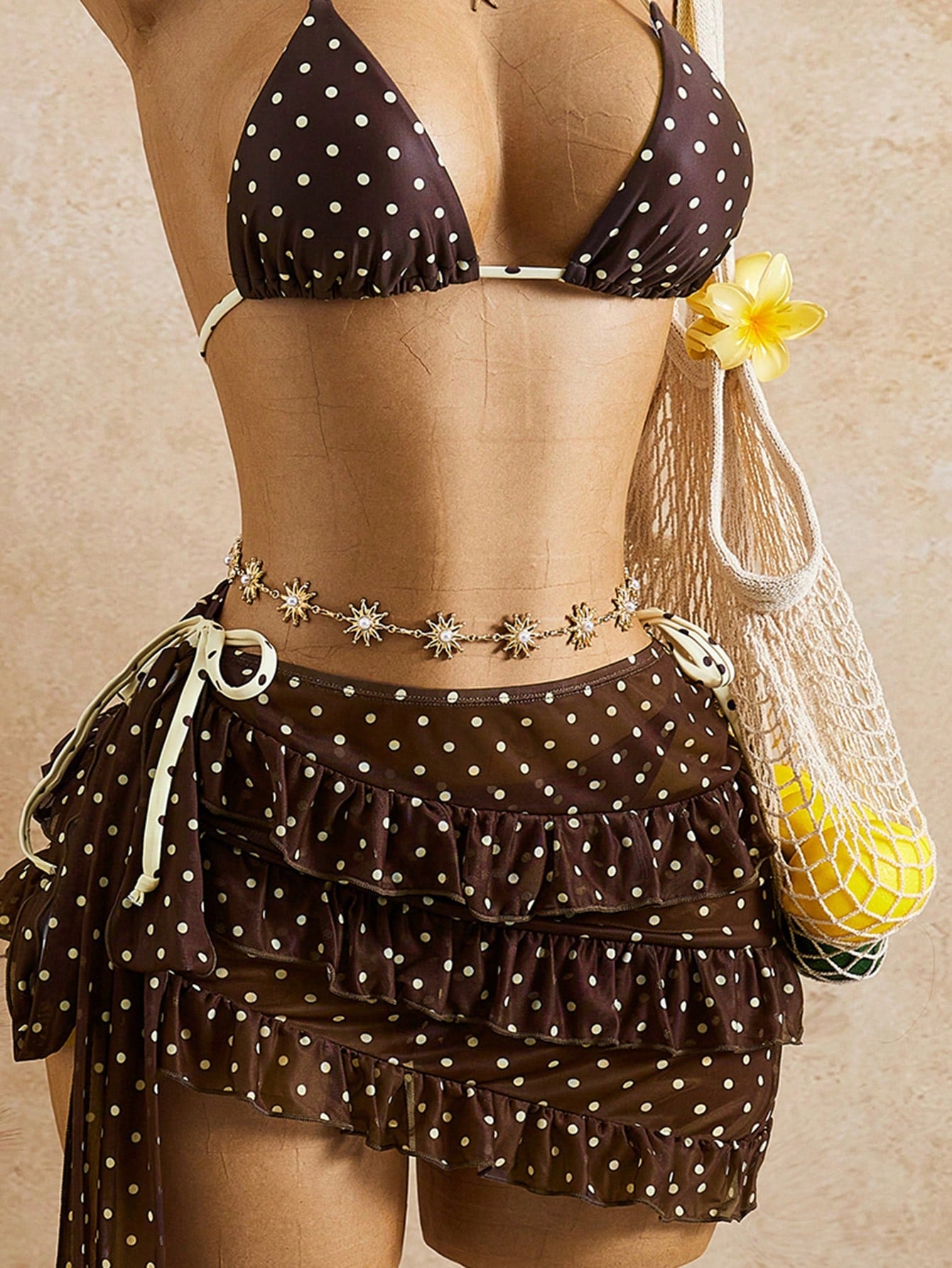 Bellisia Women's Brown Polka Dot,Summer,Cute,Beach Vacation,Holiday,Holiday Bikini & Cake Skirt 3 Pieces Set, Bow-Tie Swimwear With Removable Cup Pads