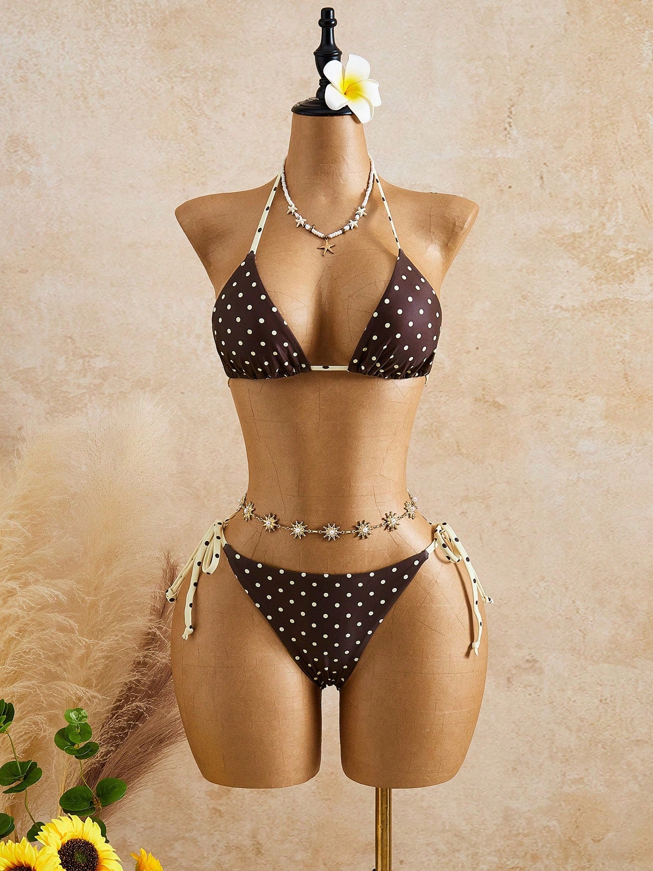 Bellisia Women's Brown Polka Dot,Summer,Cute,Beach Vacation,Holiday,Holiday Bikini & Cake Skirt 3 Pieces Set, Bow-Tie Swimwear With Removable Cup Pads