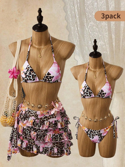 Bellisia Women's Brown Polka Dot,Summer,Cute,Beach Vacation,Holiday,Holiday Bikini & Cake Skirt 3 Pieces Set, Bow-Tie Swimwear With Removable Cup Pads