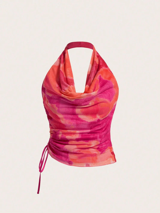 BELROSIE Tie Dye Draped Front Drawstring Side Halter Top