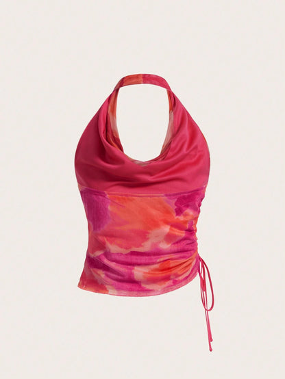 BELROSIE Tie Dye Draped Front Drawstring Side Halter Top