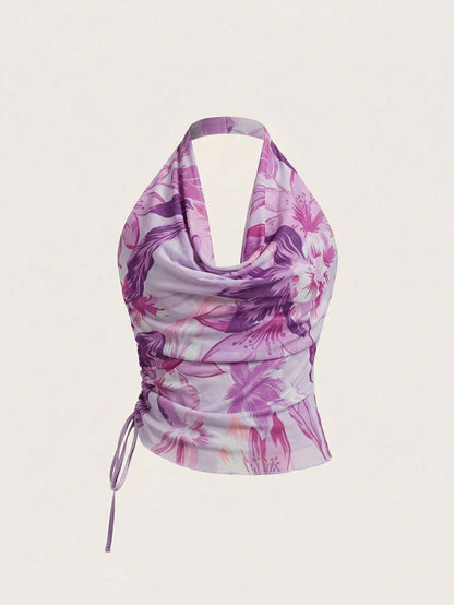 BELROSIE Tie Dye Draped Front Drawstring Side Halter Top
