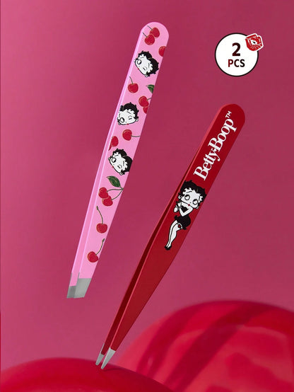 Betty Boop x 2 Pcs Multi-Functional High Precision Stainless Steel Eyebrow Tweezer Set, Cute And Practical Makeup Beauty Tools Set Essential For Home Use, Slanted Mouth, Pointed Nose Clip, Inclu